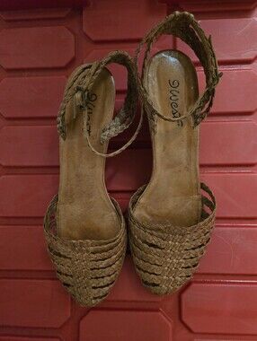 9 West Brown Woven Ankle-Strap Sandals